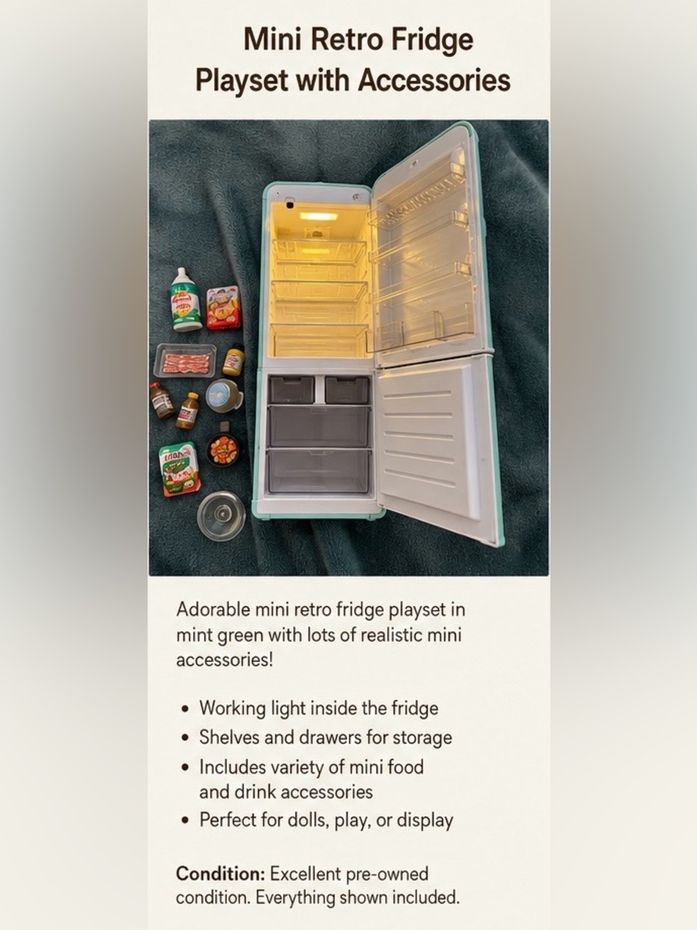 Mint Green Mini Retro Fridge Playset with Accessories